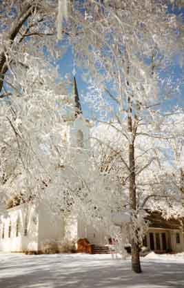 Wintry photo of the church hidden behind frosty tree branches.