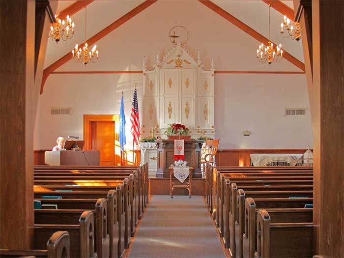 A picture of the sanctuary in the Nora UU Church