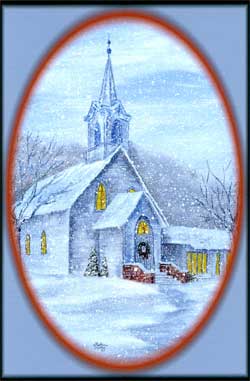 A painting of Nora church in the winter.